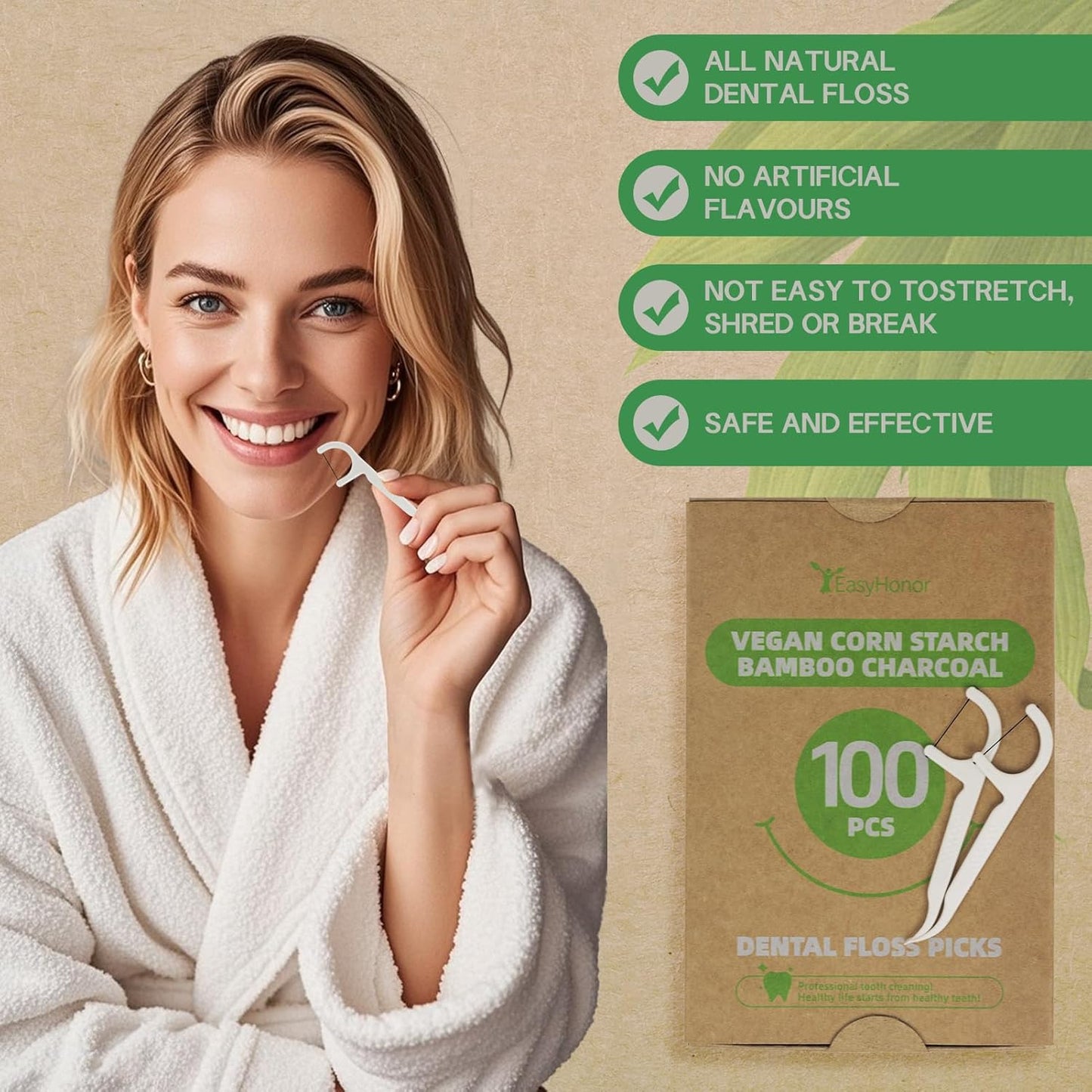 EasyHonor Organic Dental Floss Picks - Natural Biodegradable Floss Sticks with Strong Bamboo Charcoal Thread & Vegan Corn Starch Handle.(100PCS)