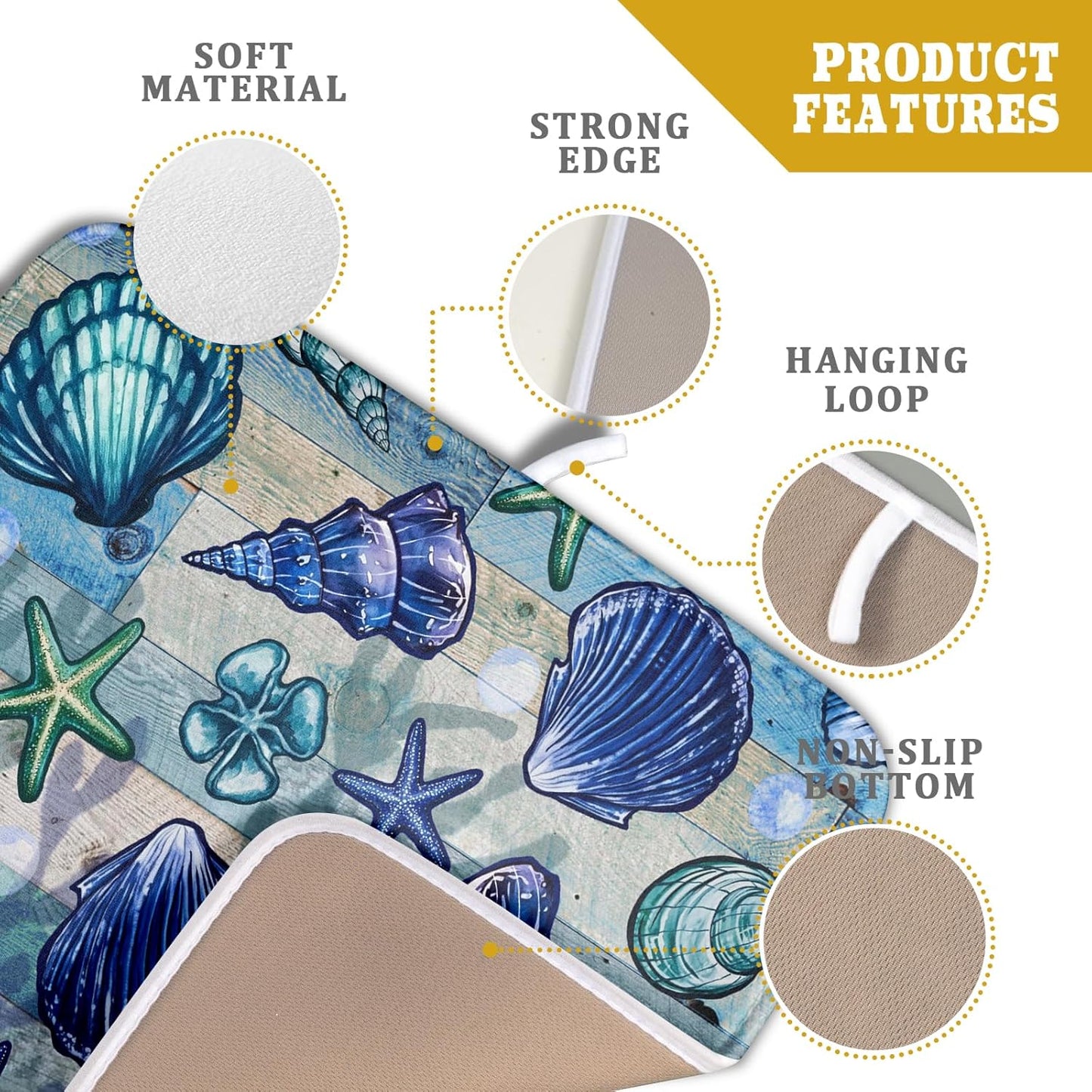 Starfish Seashell Dish Drying Mat 16x18 inch Coastal Beach Dish Drainer Rack Pad Absorbent Microfiber Fast Dry Kitchen Counter Accessories