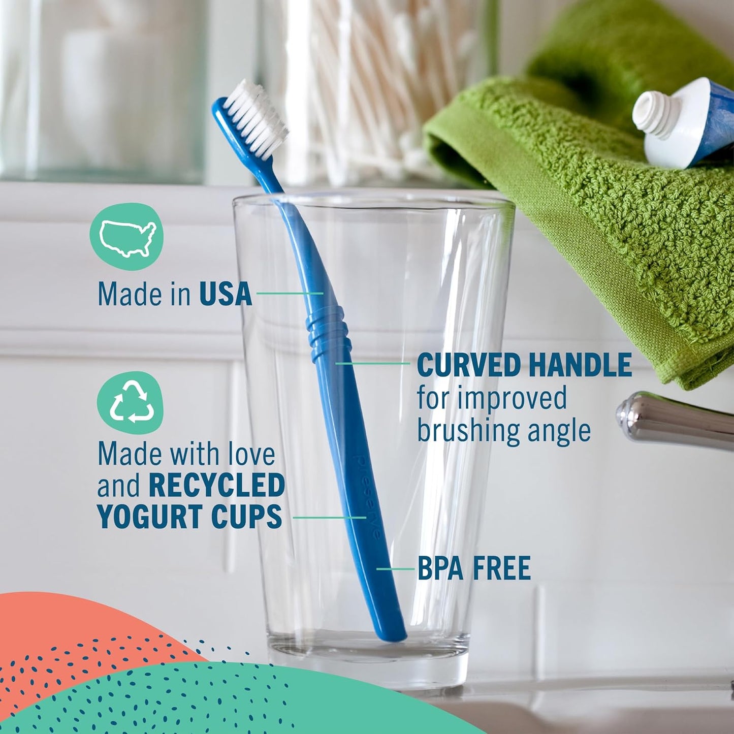 Preserve Eco Friendly Adult Toothbrushes, Made in The USA from Recycled Plastic, Lightweight Paper Packaging, Medium Bristles, Colors Vary, 3 Count