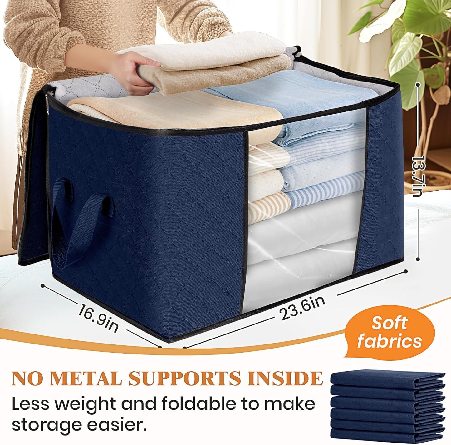 Fab totes 24 Gallons Clothes Storage, Foldable Thick Fabric Blanket Storage Bags, Containers for Organizing Bedroom, Closet, Clothing, Comforter, Organization with Handle (8 Pack,Blue)
