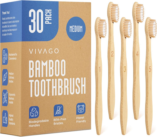 Bamboo Toothbrushes Medium Bristles 30 Pack - BPA Free Medium Bristles Toothbrushes for Adults - Eco-Friendly, Natural Wooden Toothbrush