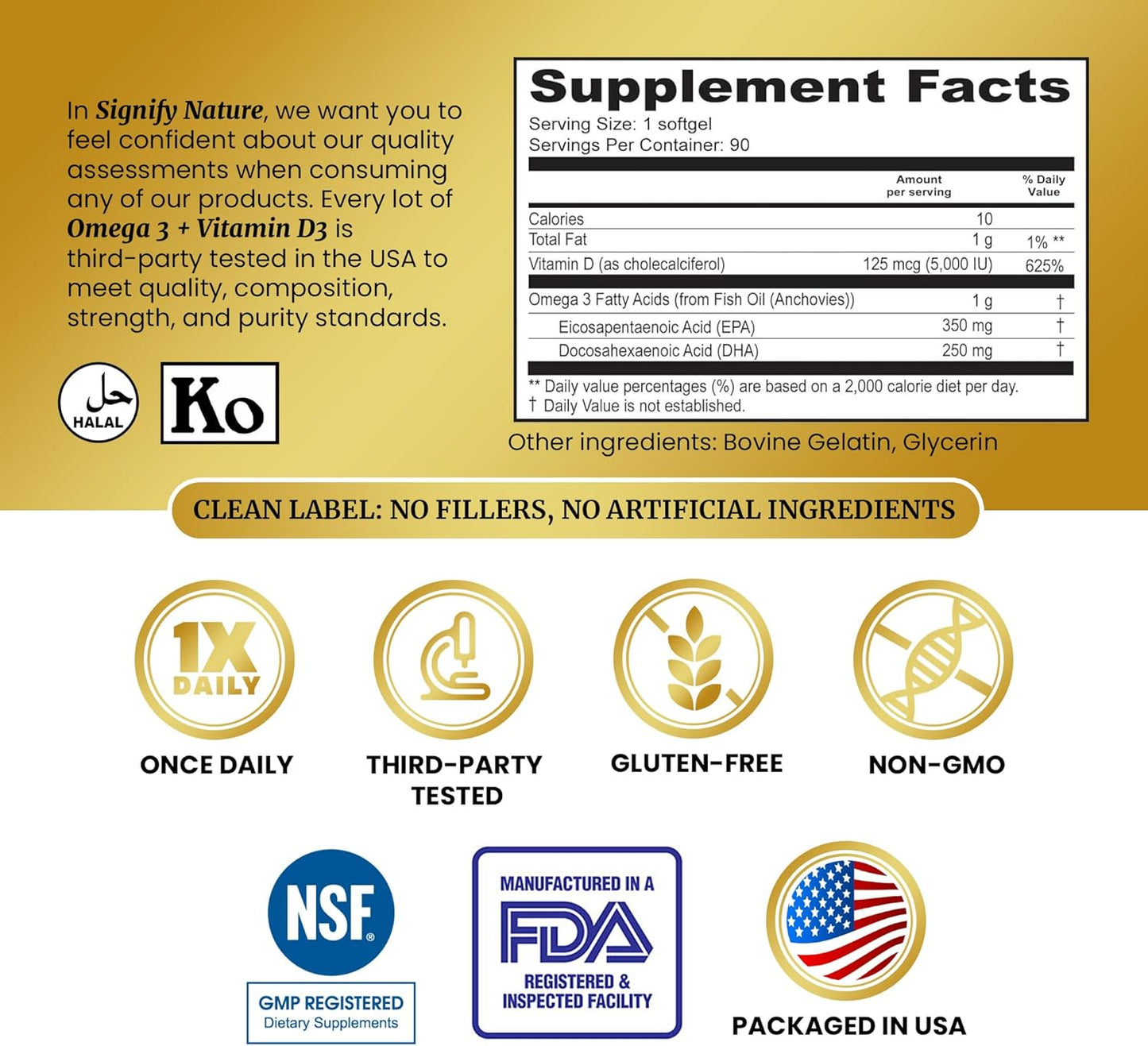 SIGNIFY NATURE Omega 3 Fish Oil Supplement with Vitamin D3 5000 IU - 1000mg Triglyceride Capsules for Brain Health - Omega3 EPA DHA + VIT D 3-90CT