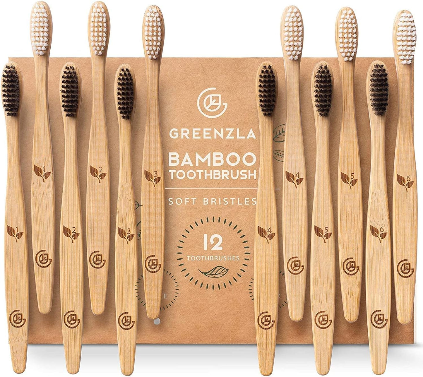 Greenzla Bamboo Toothbrushes for Adults – 12 Pack Wooden Toothbrush Set with Charcoal-Infused Soft Bristles, Natural Oral Care for Daily Use