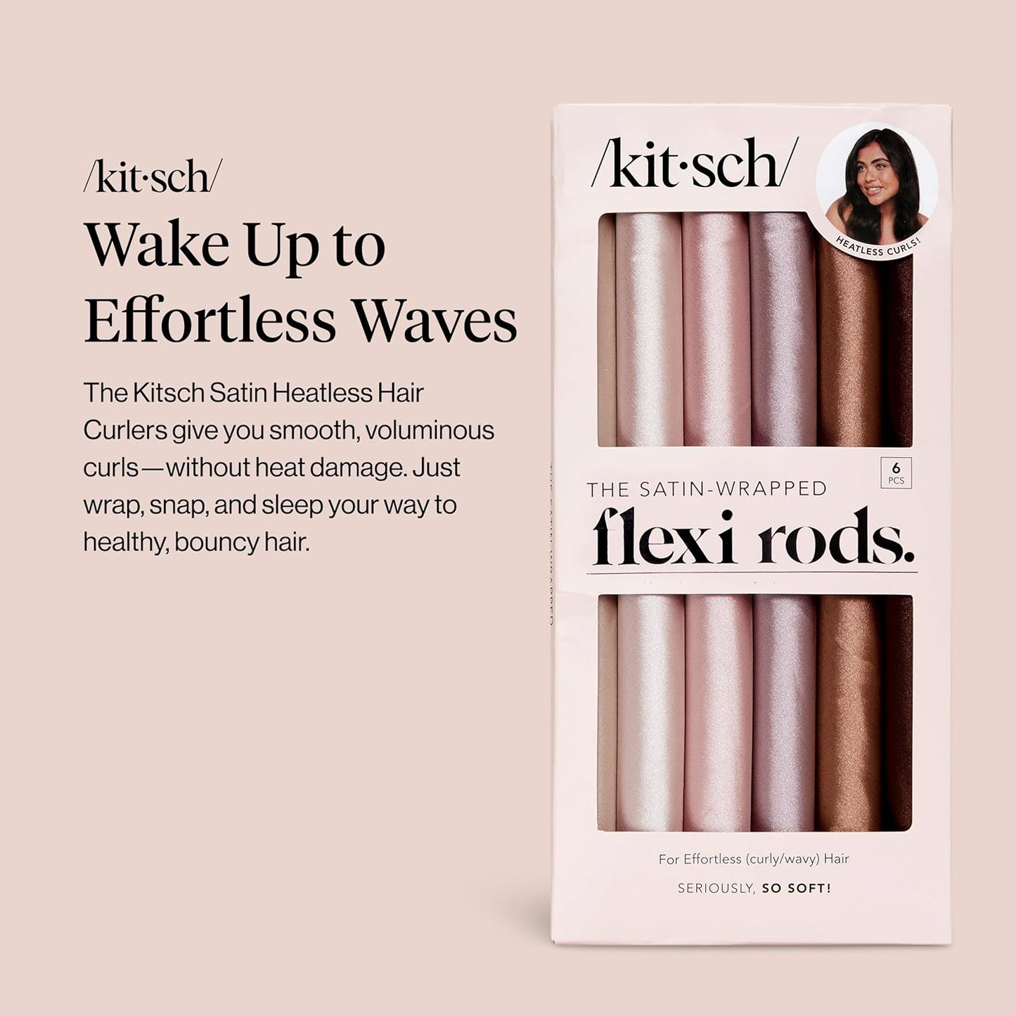 Kitsch Satin Heatless Hair Curlers – No Heat Hair Curlers to Sleep In for Overnight Curls – Soft Heatless Curling Rods for Women with Short & Long Hair - Alternative to Heat Styling – 6 pcs, Rosewood