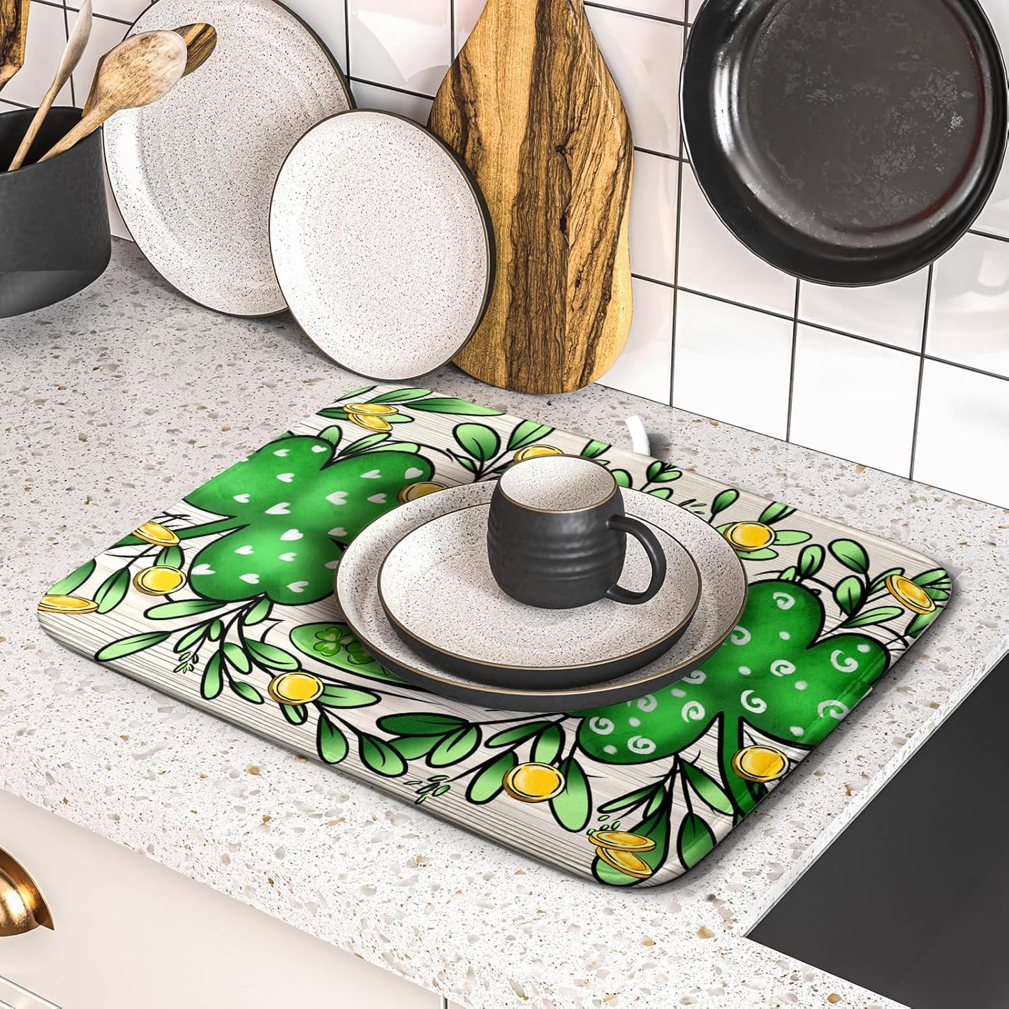 St Patrick's Day Shamrock Dish Drying Mat 16x18 inch Eucalyptus Leaves Dishes Pad Dish Drainer Mats Absorbent Fast Dry Kitchen Accessories