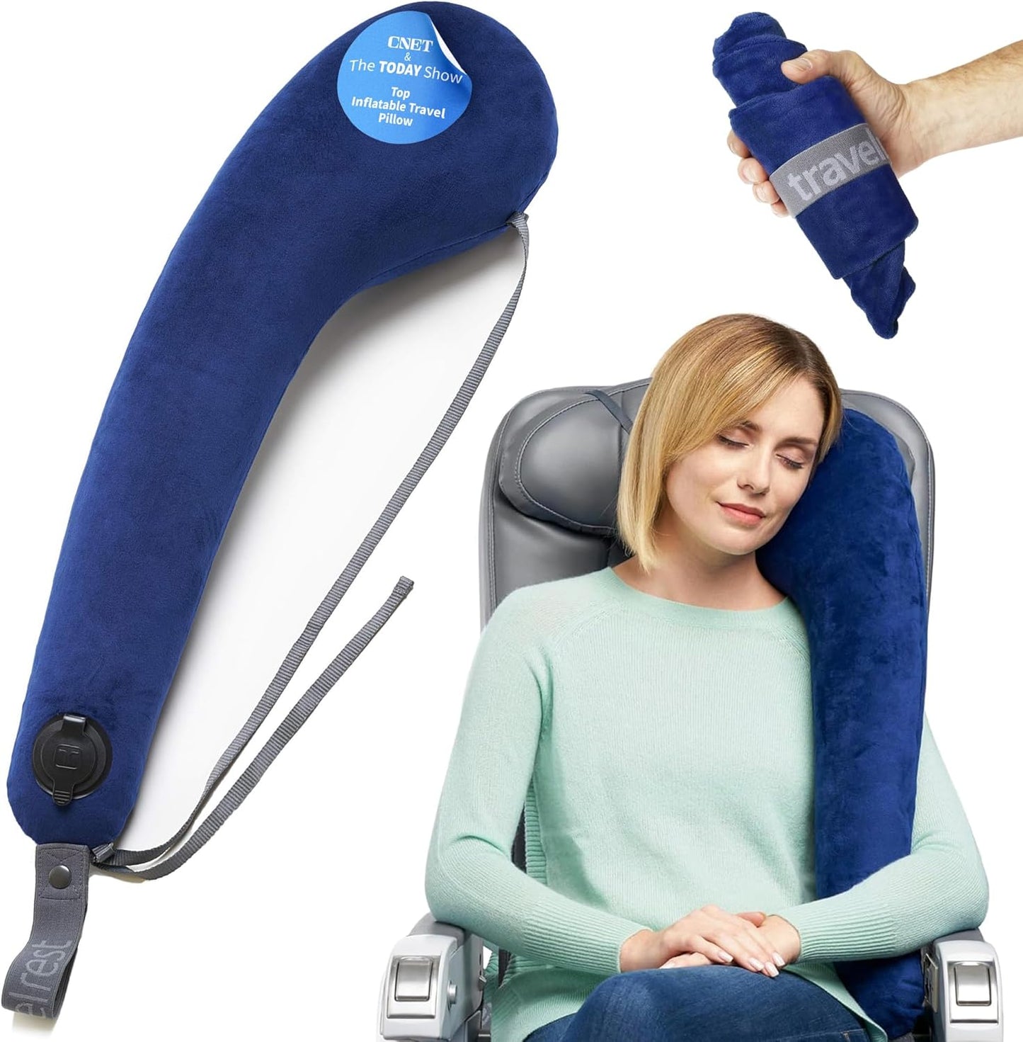TRAVELREST All-in-One Neck & Body Pillow - Advanced Support and Comfort Design, Travel Essentials, Memory Foam, Inflatable, Airplane & Car Seat, Sleeping on Long Flight & Trips, Travel Pillow - Blue
