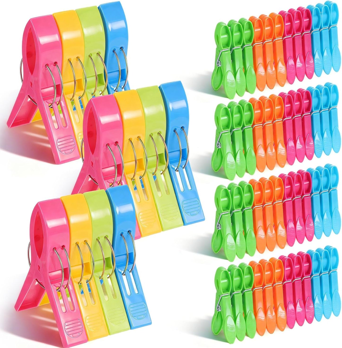 LemonRoad 12 Pcs Towel Clips Beach Towel Clips Large Plastic Clothes Pegs with 60 Pcs Small Plastic Clothespins Hanging Clothes Clamps for Cruise Yellow, Blue, Green, Pink, Orange