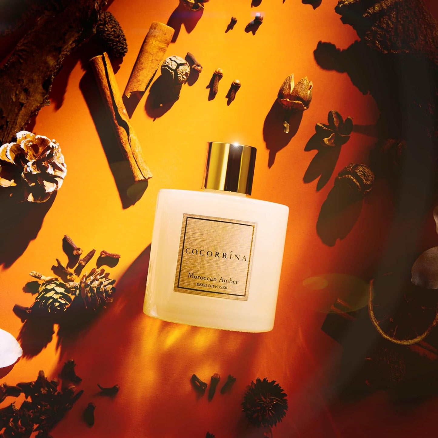 COCORRÍNA Reed Diffuser - Moroccan Amber 6.7 Fl.oz Reed Diffuser Set with Sticks & Preserved Baby's Breath, Reed Diffuser for Home Bathroom Shelf Decor