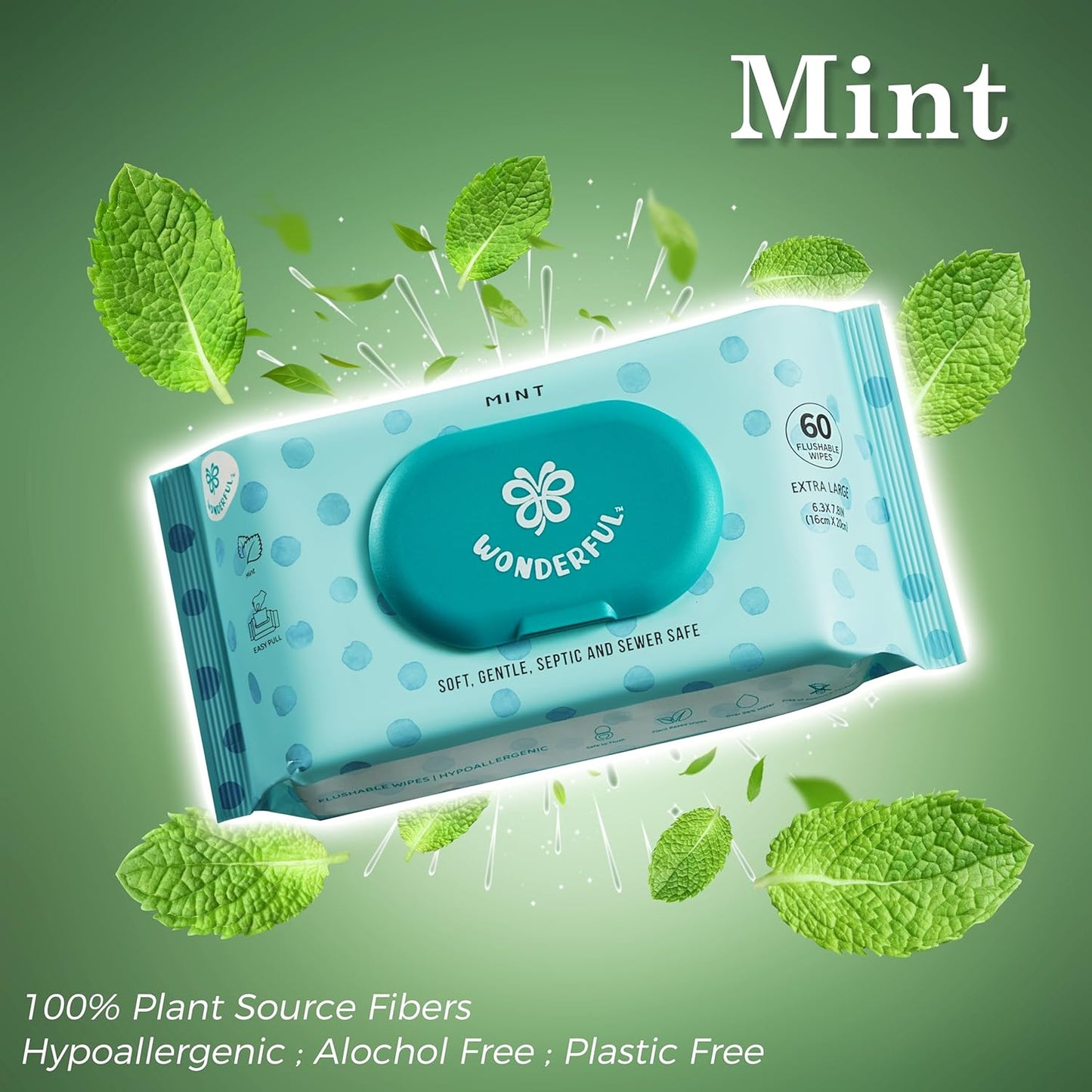 WONDERFUL Flushable Wipes, Mint 100% Plant-Based Wet Wipes for Adults & Kids, Sewer & Septic Safe, Gentle for Sensitive Skin, Wipes Flushable Pack for Bathroom & Travel, 3-Pack (180 Counts)
