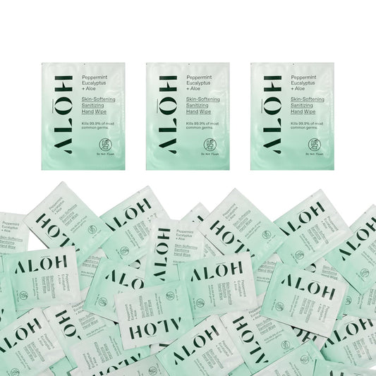 ALŌH Skin - Softening Sanitizing Hand Wipes – Peppermint Eucalyptus + Aloe - 1 Box of 500ct Individually Wrapped Wipes