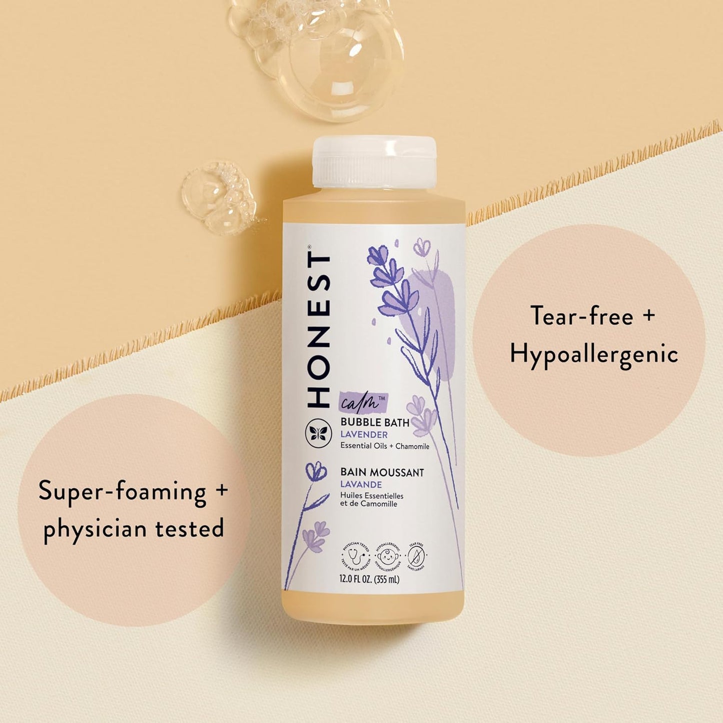 The Honest Company Foaming Bubble Bath, Gentle Tear-Free Hypoallergenic Baby Wash with Naturally Derived Ingredients, Lavender Calm, 12 fl oz