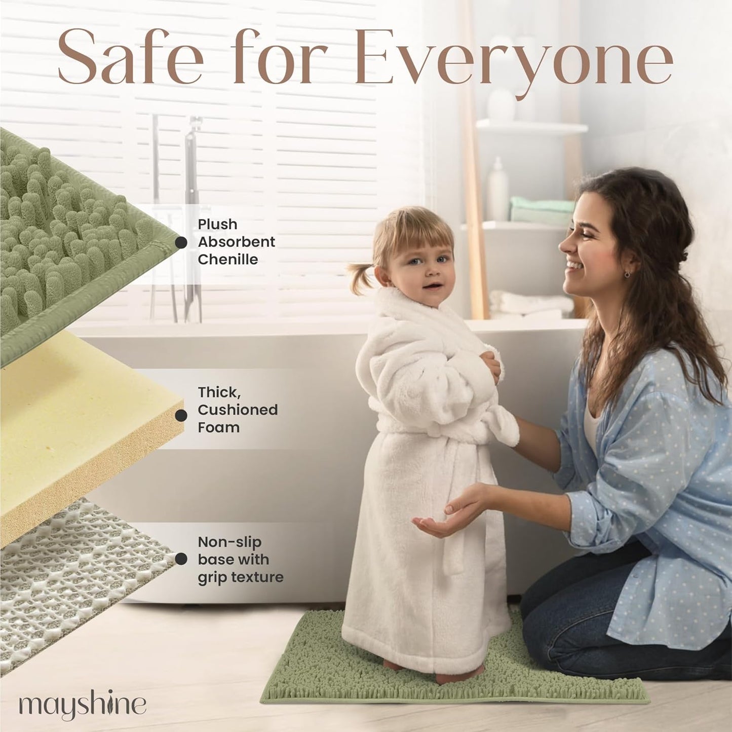 MAYSHINE Plush Shaggy Chenille Bath Mat | Extra Soft, Super Absorbent, Non-Slip Bathroom Rug | Fluffy Microfiber, Area Rug Sets for Bathroom Floor, Kitchen, Living Room | 24"x17" | Sage Green