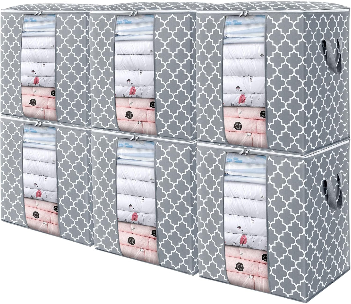 WISELIFE Storage Bags 6 Pack/100L Large Blanket Clothes Organization and Storage Containers for Comforters,Bedding, Foldable Organizer with Reinforced Handle, Clear Window, Sturdy Zippers,Light Gray