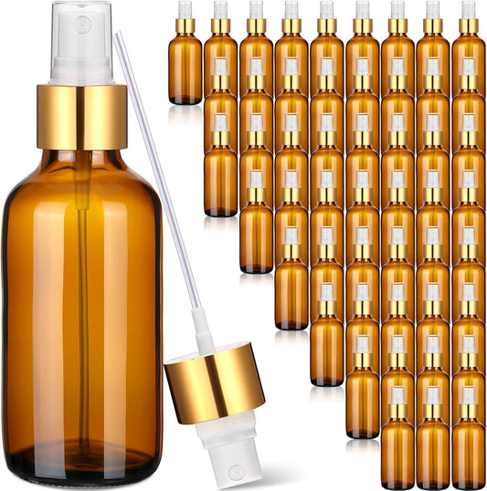 Maxcheck 50 Pieces 4oz Small Glass Spray Bottles for Essential Oil Empty Spray Mist Bottle Empty Fine Mist and Refillable Mister Refillable Liquid Containers for Perfumes, Cleaning(Brown, Gold)