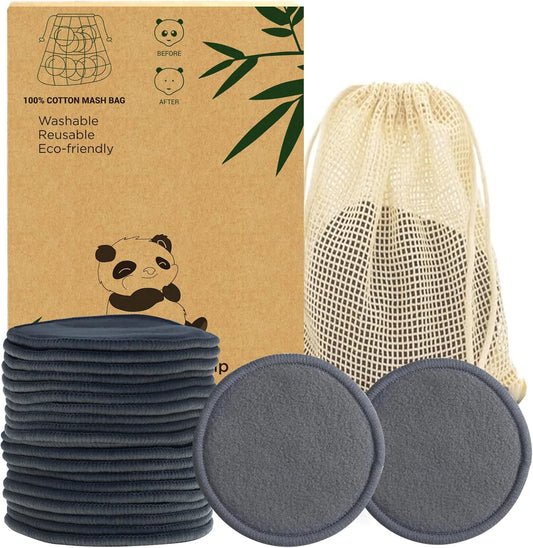 20 Pcs Reusable Makeup Remover Pads - Gray Bamboo Reusable Cotton Rounds with Laundry Bag