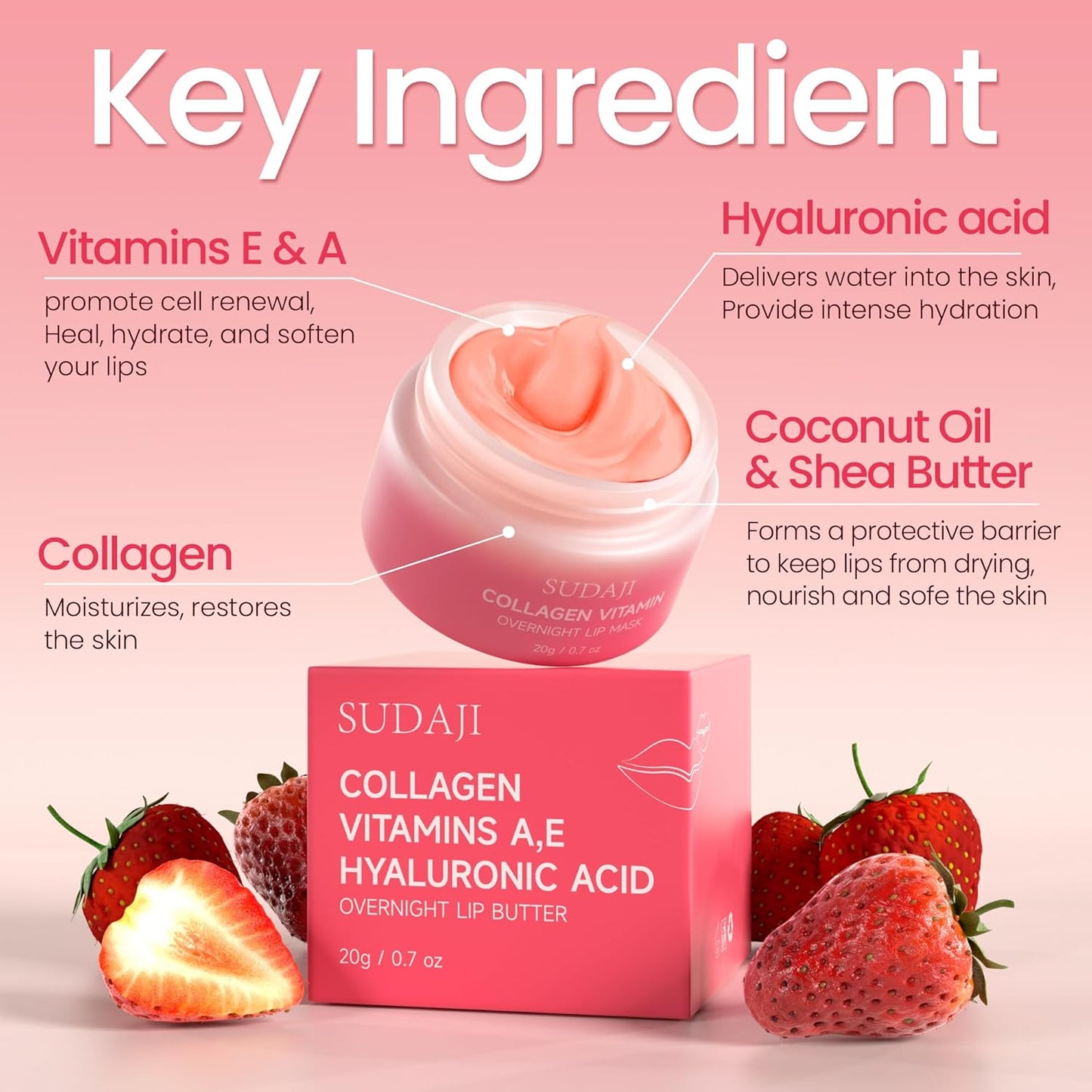 Collagen Lip Mask, Hydrating Lip Balm, Lip Moisture with Hyaluronic Acid & Vitamins E, A- Overnight Sleeping Nourishing Lip Butter Balm for Dry Lips 0.7 Oz