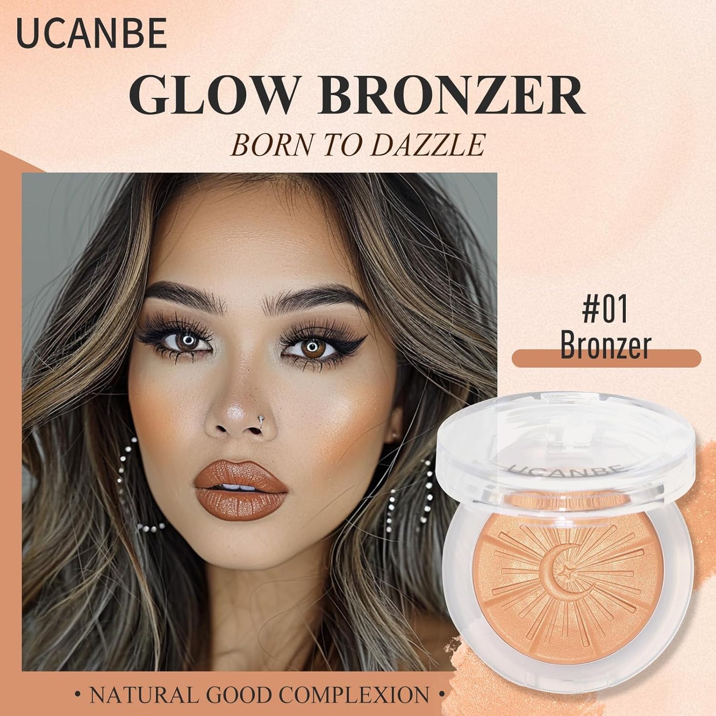 UCANBE Glow Bronzer, Long-Lasting Baked Shimmer Bronzing Powder - 01 Bronzer, Lightweight & Buildable Warm Satin Finish, Luminous Contour for Face, Cheeks and Body