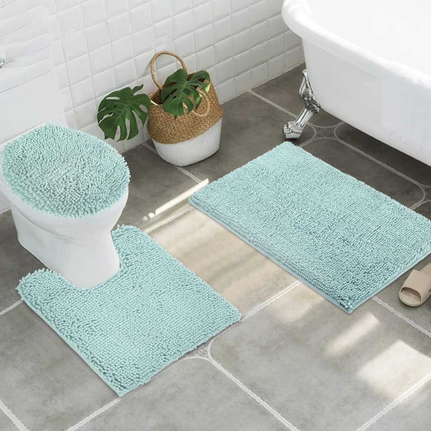 ITSOFT 3pc Non-Slip Shaggy Chenille Bathroom Mat Set, Includes 24 x 21 Inches U-Shaped Contour Toilet Rug, 34 x 21 Inches Bathmat and 1 Toilet Lid Cover, Spa Blue