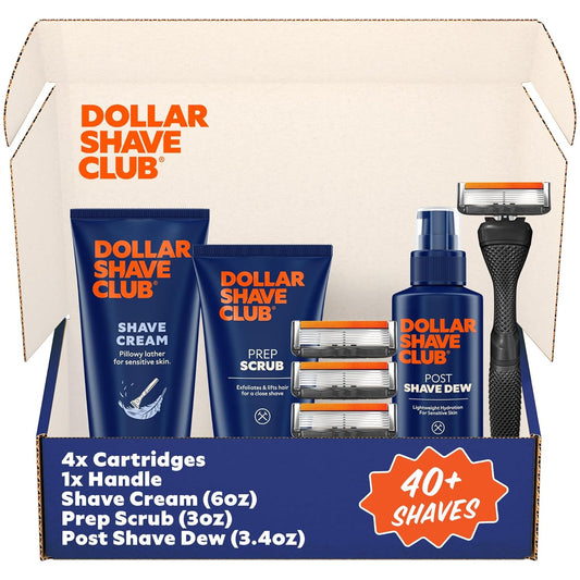 Dollar Shave Club | Ultimate Shave Set | 4 Extra Close Refill Cartridges, 1 Handle, 1 Prep Scrub 3 ounce, 1 Shave Cream 6 ounce, 1 Post Shave Dew 3.4 ounce