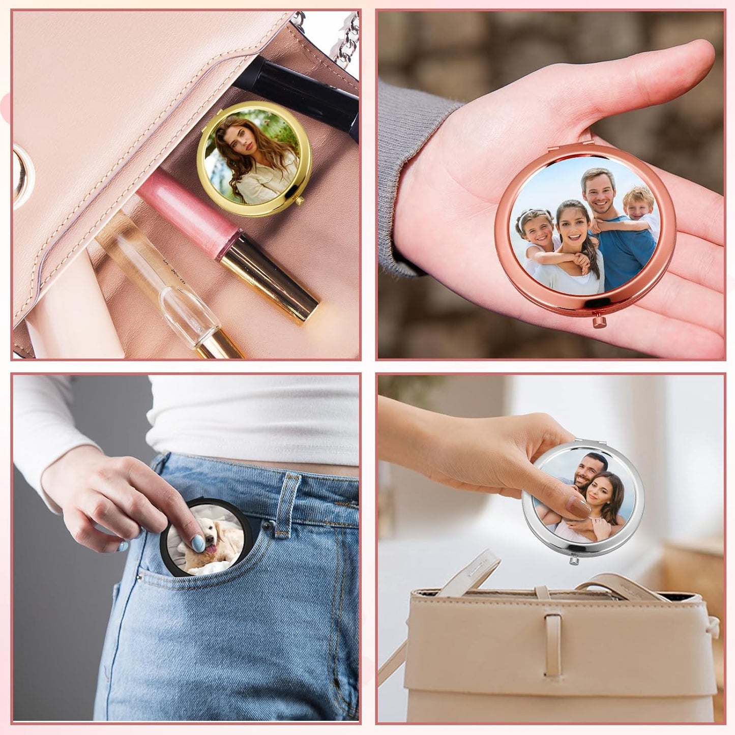 Personalized Compact Mirror with Picture Text, Custom Photo Small Purse Mirror, Double-Sided 1X/2X Magnifying Metal Pocket Makeup Mirrors for Women Mom Wife Sister BFF Wedding Birthday