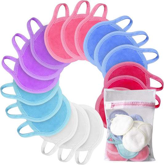 Nugilla Reusable Makeup Remover Pads, 18 Packs Microfiber Face Cloth with a Washable Laundry Bag, Reusable Rounds Towels for Face Cleaning, Soft Facial Rounds Wipes Eyes/Lips Clean for Women Gifts
