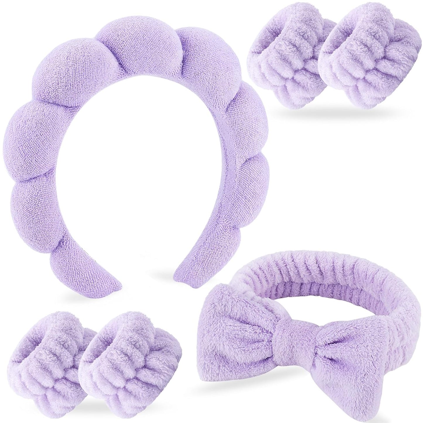 Zkptops 6Pcs Spa Headband for Washing Face Wristbands Set Women Bubble Skincare Makeup Sponge Terry Cloth Padded Puffy Headband Bow Tie Hairband Cute Non Slip Thick Hair Accessory Gifts (Purple)
