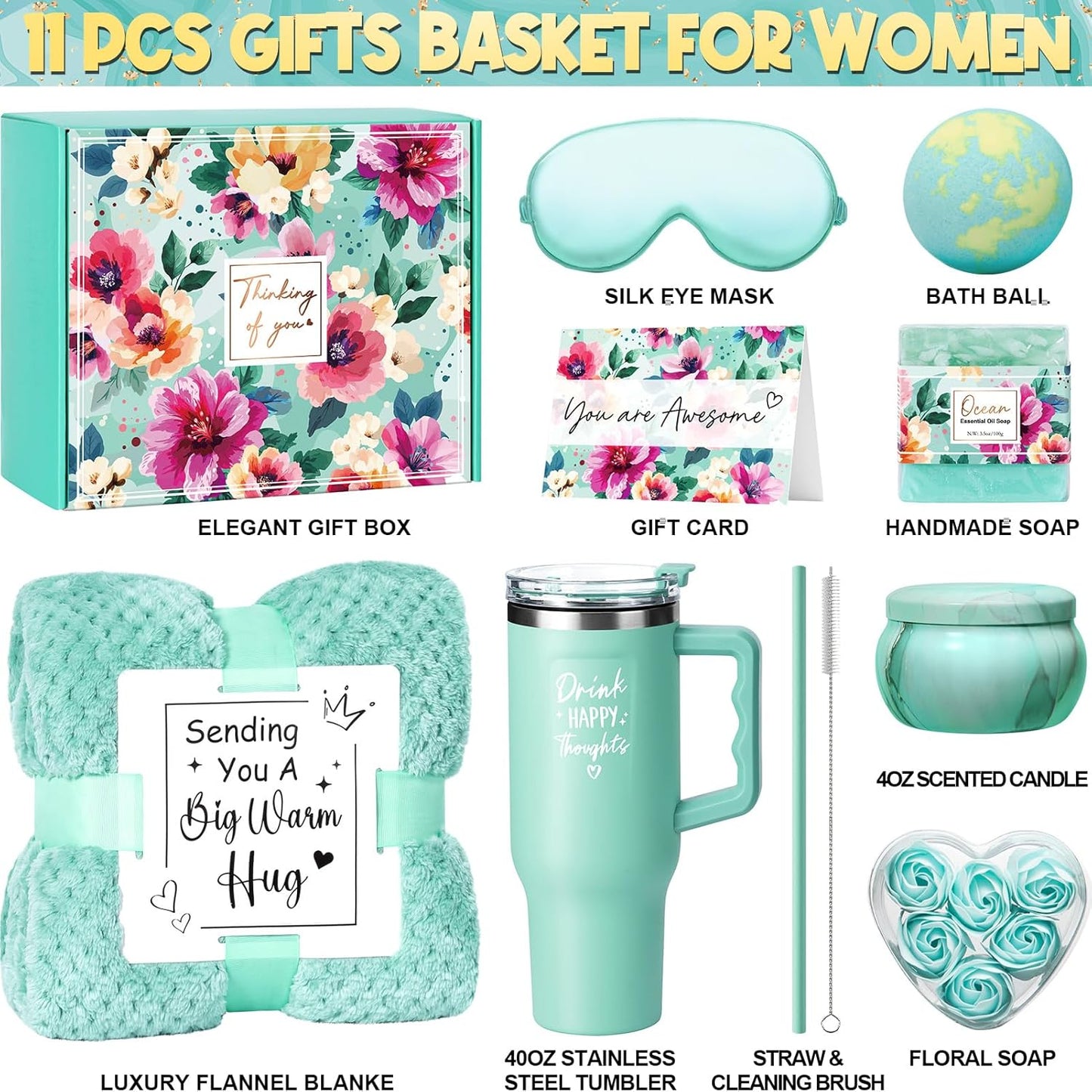 Birthday Gifts for Women Self Care Get Well Soon Gifts, Ocean Relaxing Spa Gifts Box Care Package Basket w/ Luxury Flannel Blanket 40 oz Tumbler, Christmas Gifts Set for Mom Her Wife Girlfriend Sister