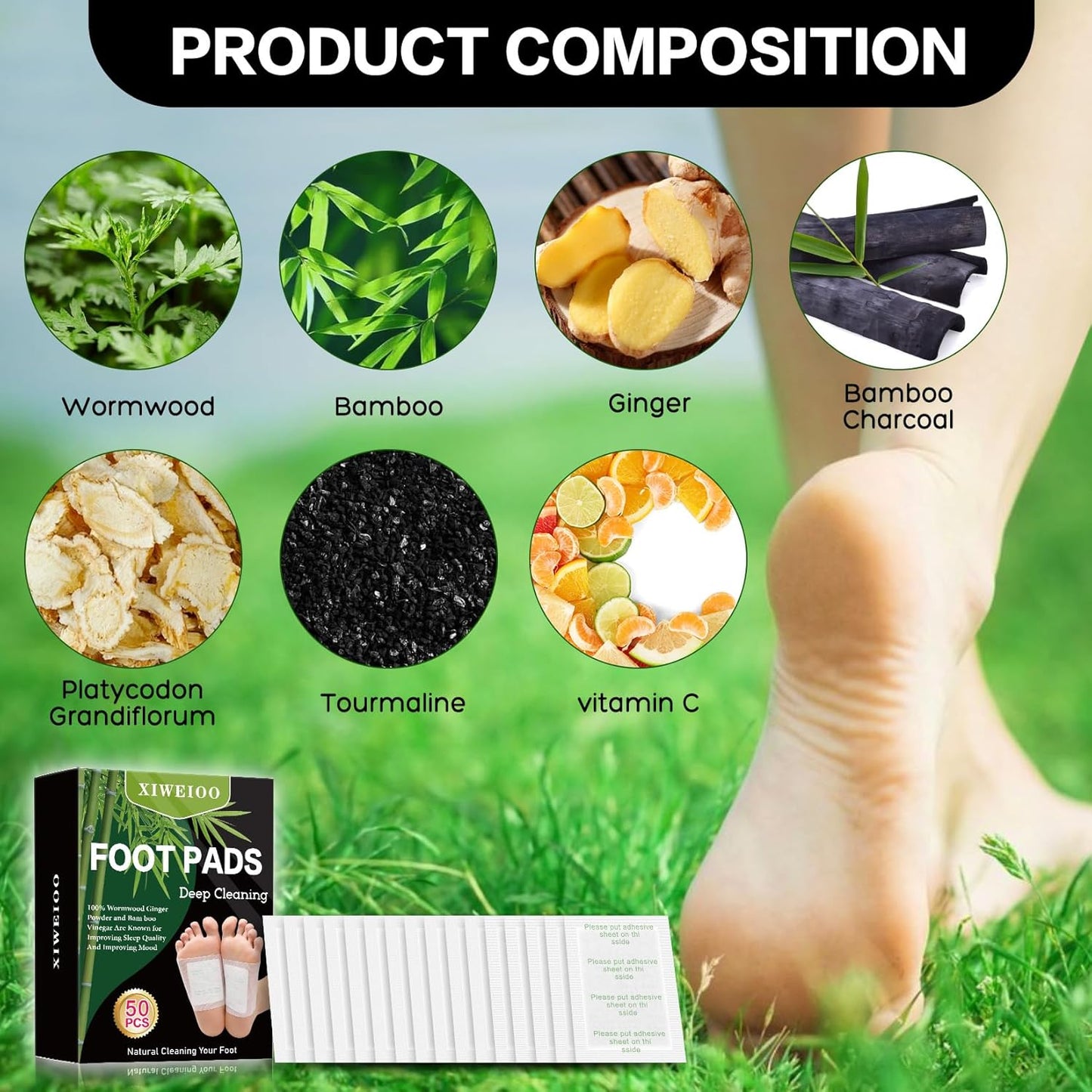 Foot Pads Kit 50 Pack Foot Pads, Ginger Oil Bamboo Charcoal, Foot Care Patch Message Deep Cleansing for Stress Relief, Better Rest, Feet Health Patches, Relaxing Muscles Set