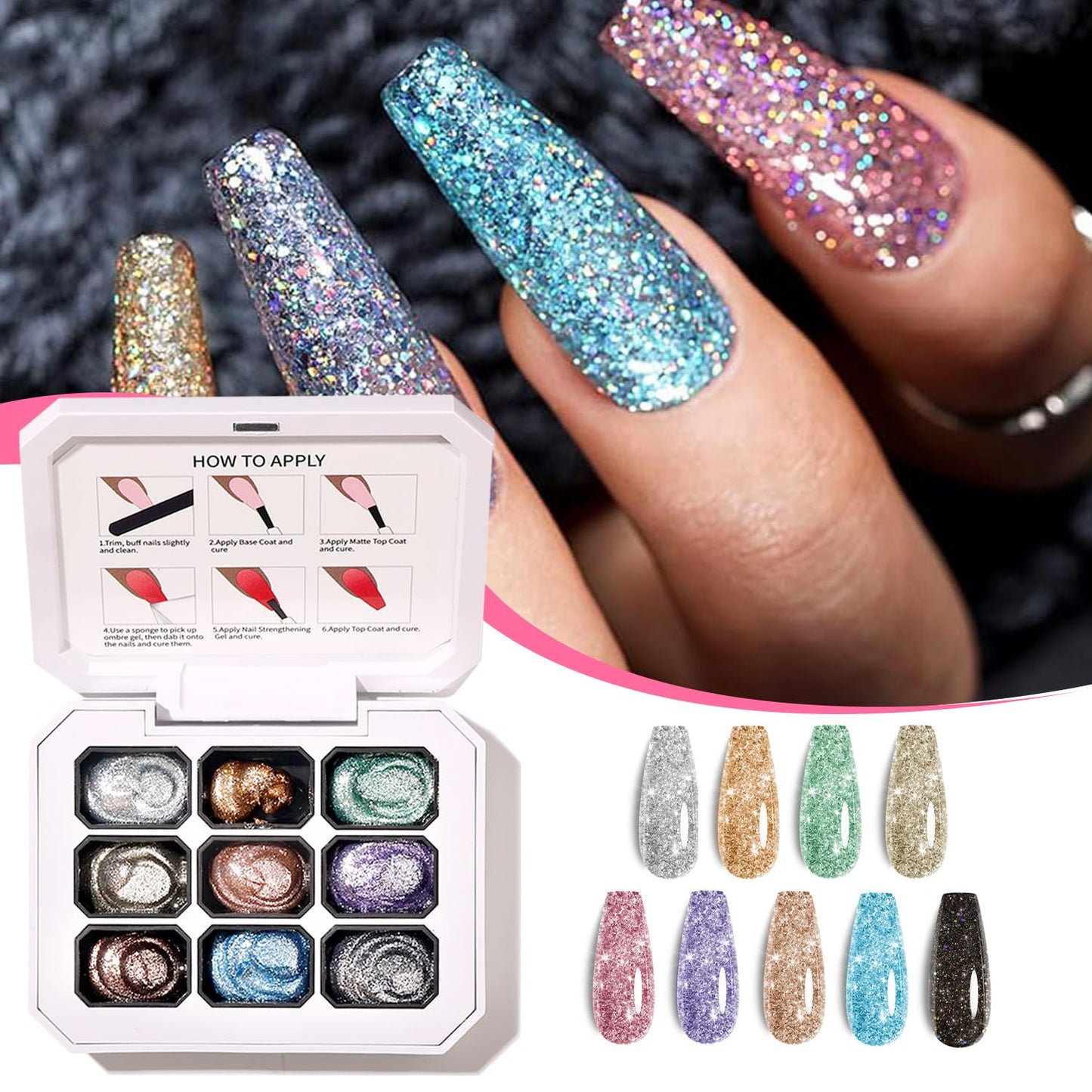 Ombre Gel Nail Polish Set,9 Colors Metallic Shine Gradient Painting Patting Gel Polish for Nail Art DIY Gradient Painting for Salon or Home Use