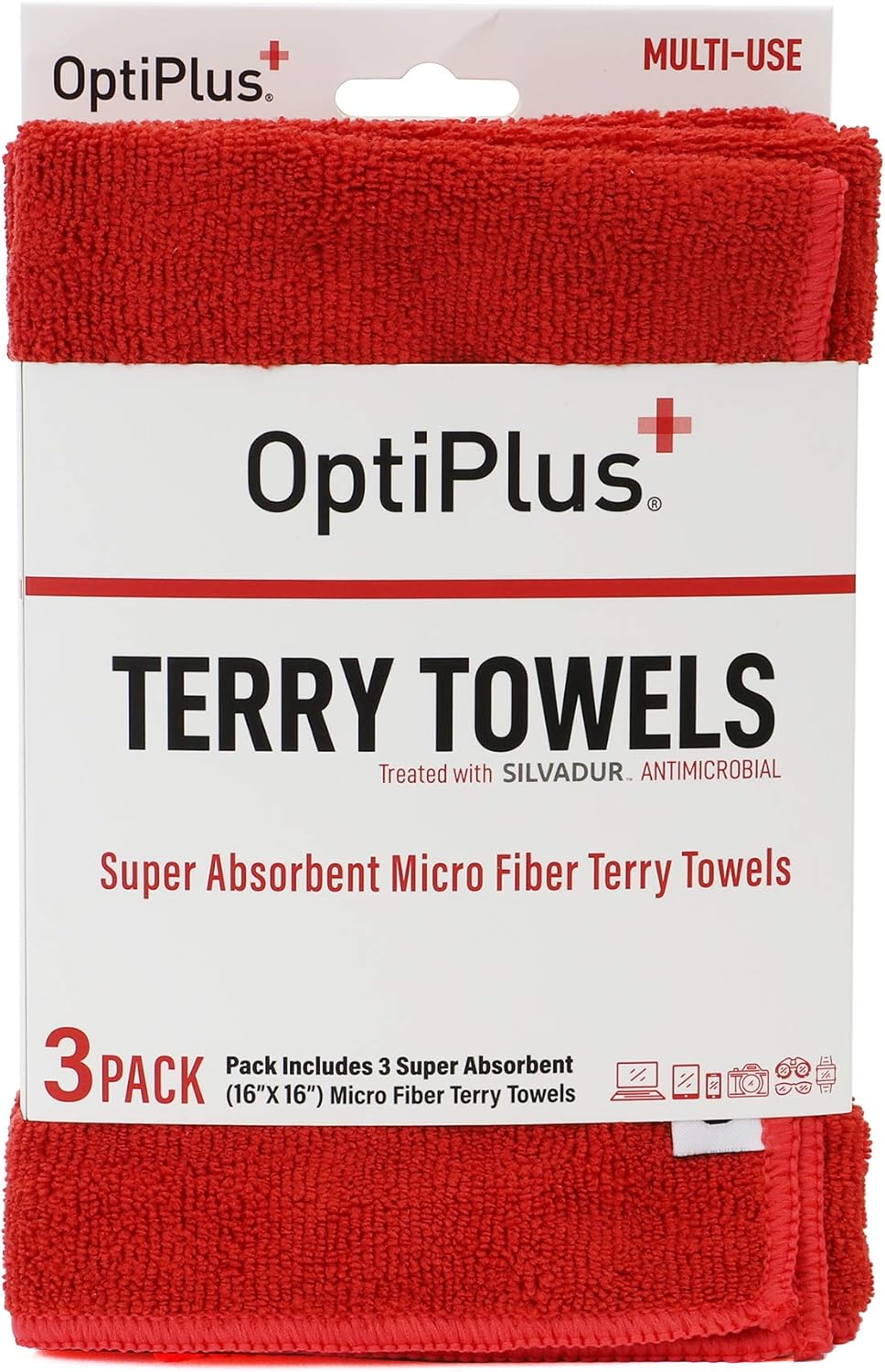 OptiPlus 16" x 16" Microfiber Terry Towels Treated with Silvadur 930 Antimicrobial - Red