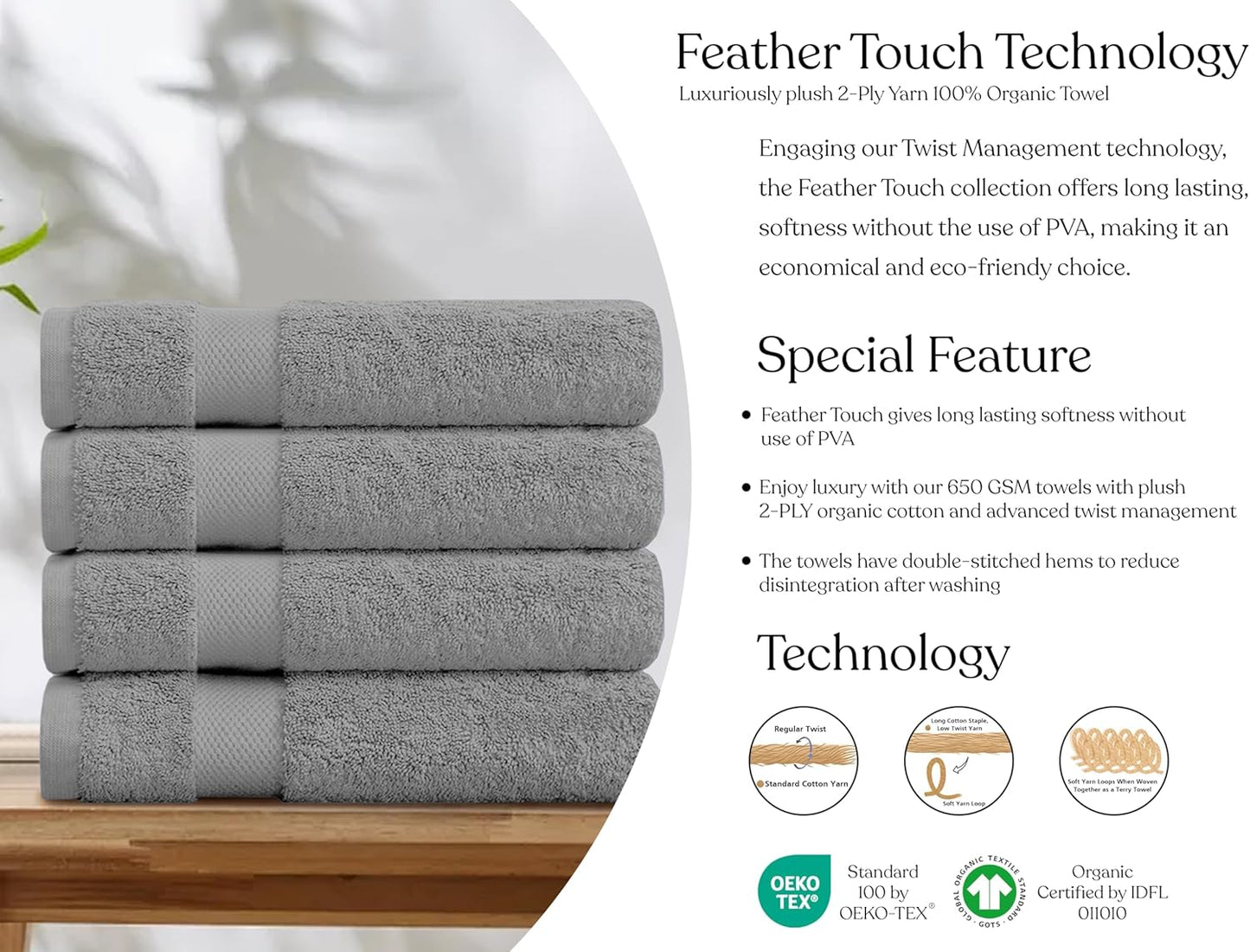 Delara 100% Organic Cotton Towels 650 GSM Plush Feather Touch Quick Dry Bath Sheet, Pack of 2 GOTS Certified, Oeko-Tex Green Certified, Organic Cotton Bath Sheet, 36"X70"