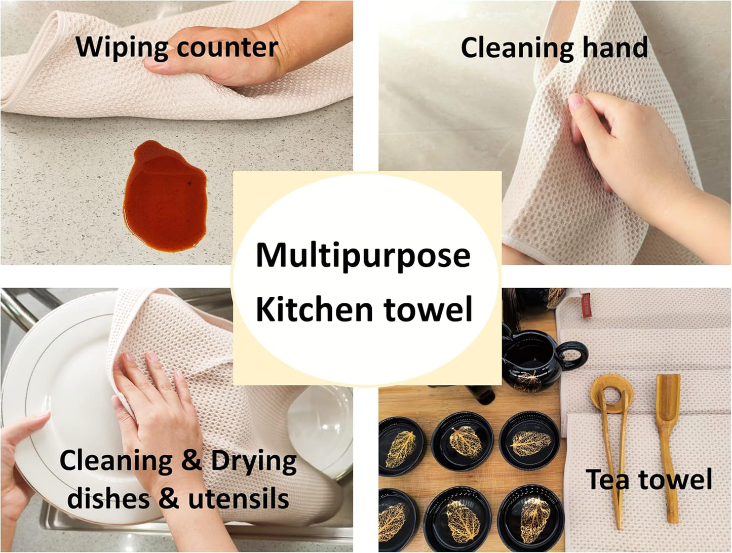 Kitchen Towels 100% Cotton Waffle Weave Dish Towel for Cleaning Drying Dishes Extra Absorbent and Soft, Dish Cloth,13 x 28 in(Beige-4 Pack)