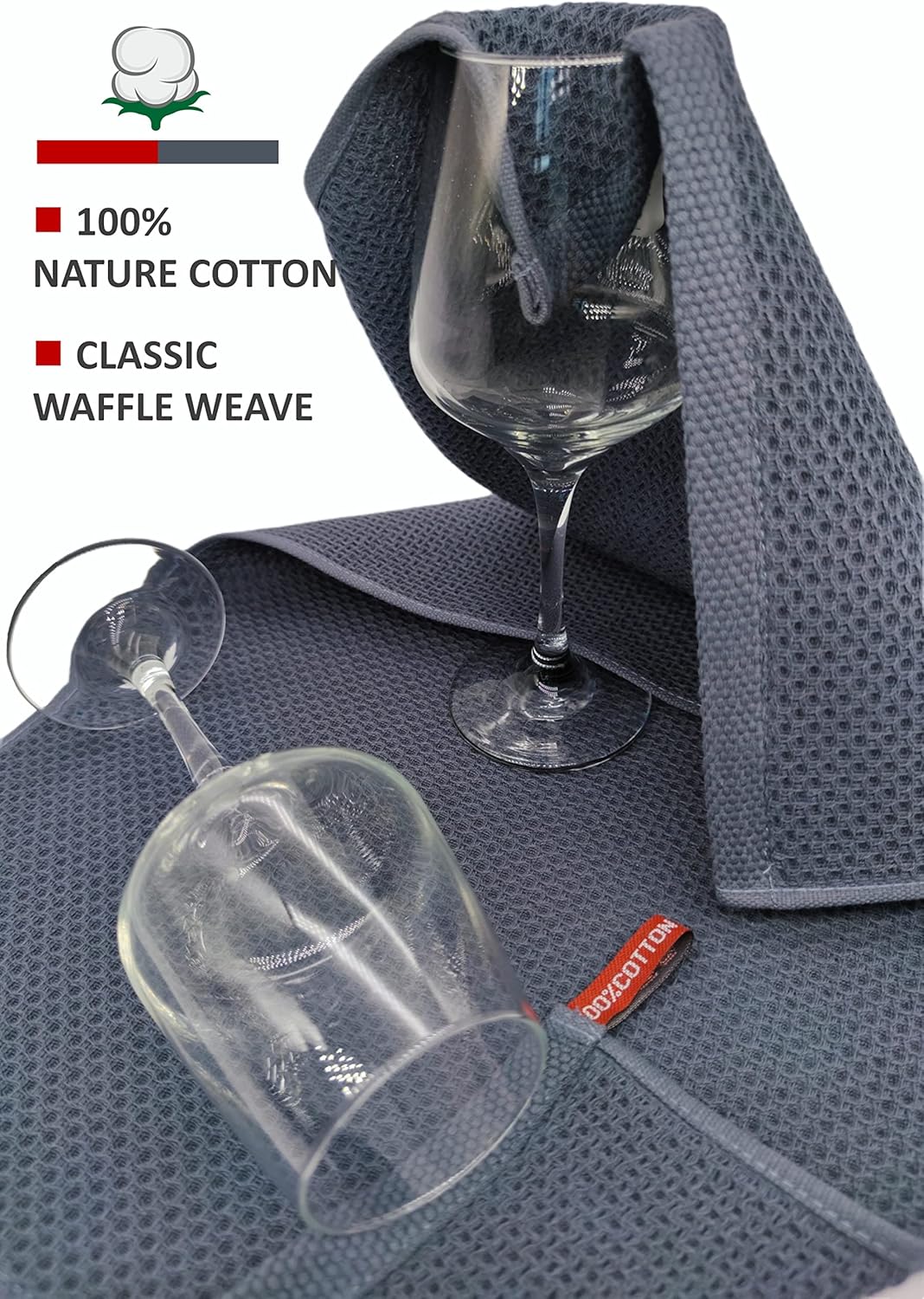 Kitchen Towels 100% Cotton Waffle Weave Dish Towel for Cleaning Drying Dishes Extra Absorbent and Soft, Dish Cloth,13 x 28 in (Darkgrey-6 Pack)