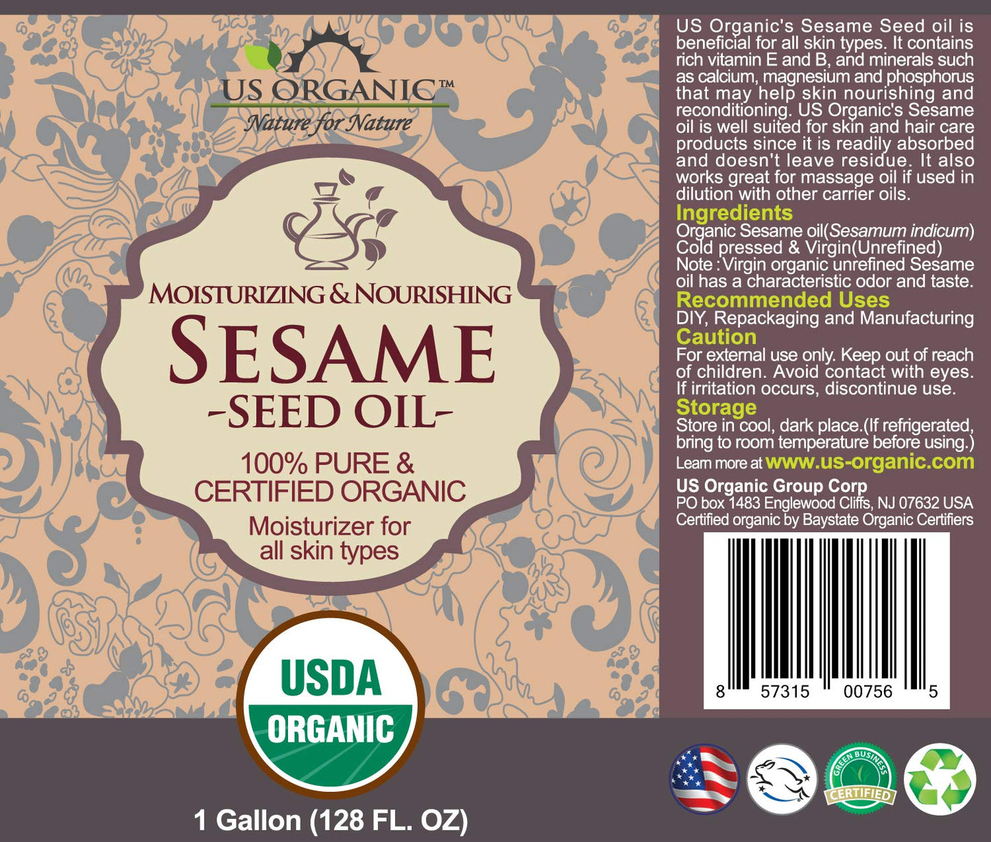 US Organic Sesame Seed Oil, USDA Certified Organic, Untoasted, Unrefined Virgin, 100% Pure & Natural, Cold Pressed, Size for DIY and small manufacturers (128 oz (1 Gallon))