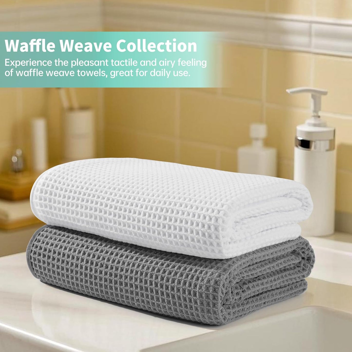New Microfiber Waffle Bath Towels, 2 Pieces, Oversized, Soft, Absorbent, Fast Drying, Lint Free (Gray+White)