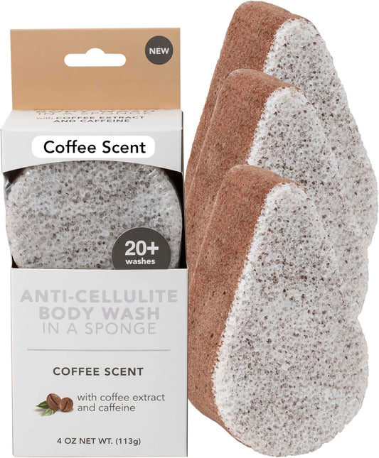 Spongeables Anti Cellulite Body Wash in a 20+ Wash Sponge, Coffee, 3 Count