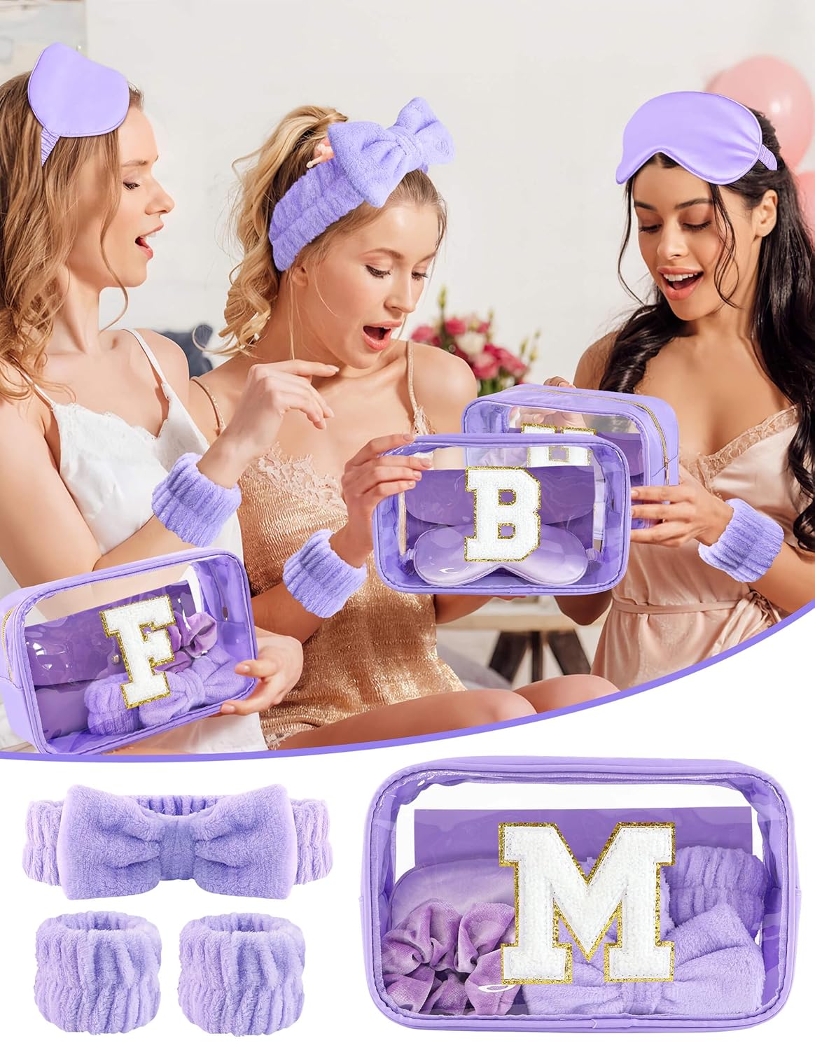 Gift Sets for Women, Initial Makeup Bag with Makeup Brush Set Bachelorette Party Favors, Purple Spa Kit with Skincare Headbands Wrist Bands Sleepover Party Supplies Gifts for Teen Girls Bridesmaid M