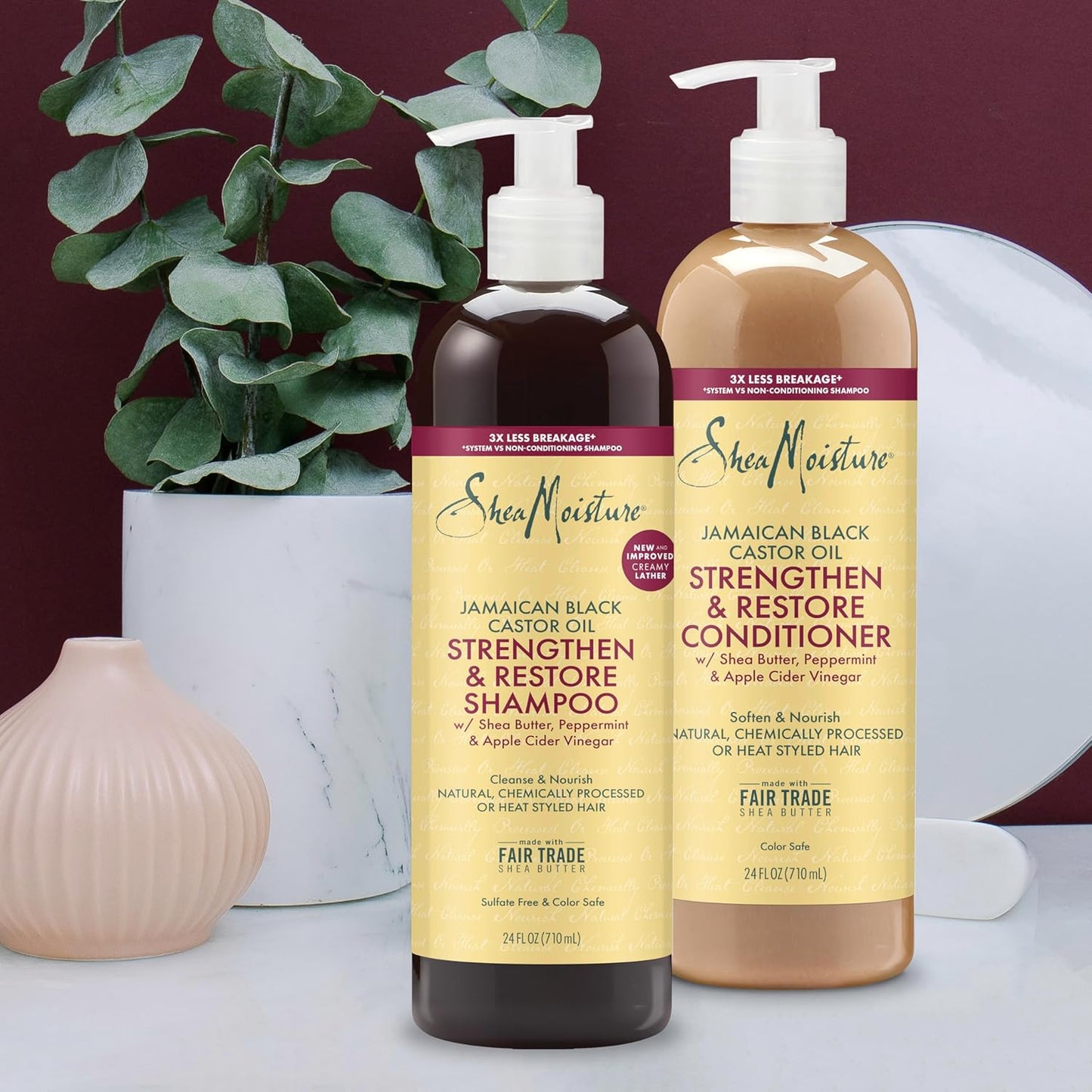 SheaMoisture Strengthen & Restore Shampoo and Conditioner Bundle Jamaican Black Castor Oil 2 Pack to Cleanse & Nourish Dry, Damaged Hair, 24 oz