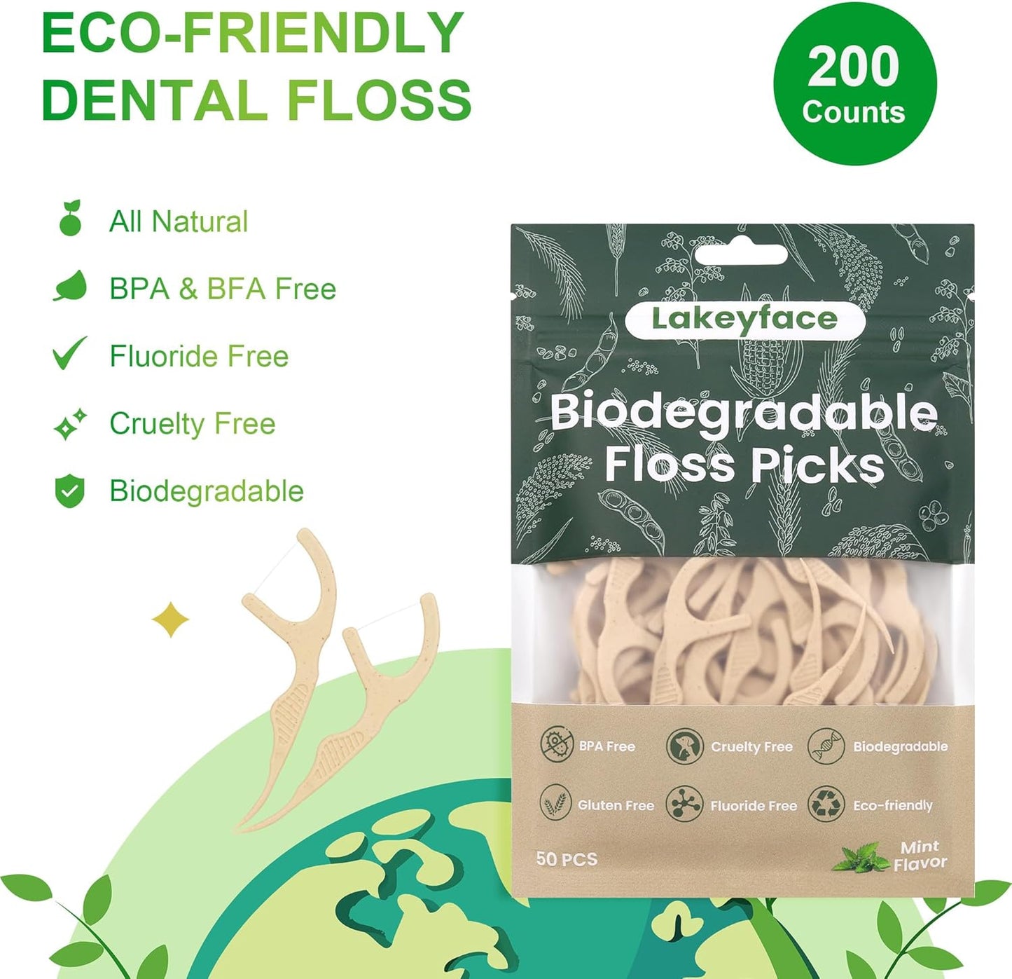 200 Count Biodegradable Dental Floss Picks, Eco Friendly Plant-Based Tooth Flossers for adults, Tear-Resistant Floss Sticks with Wide Handles, Vegan & BPA Free Dental Floss for Natural Oral Care, Mint