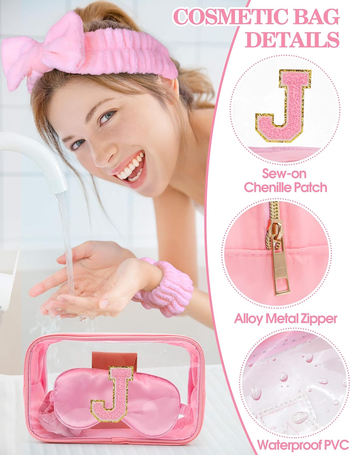 Gift Sets for Women, Initial Makeup Bag with Makeup Brush Set Bachelorette Party Favors, Pink Spa Kit with Skincare Headbands Wrist Bands Sleepover Party Supplies Gifts for Teen Girls Bridesmaid J