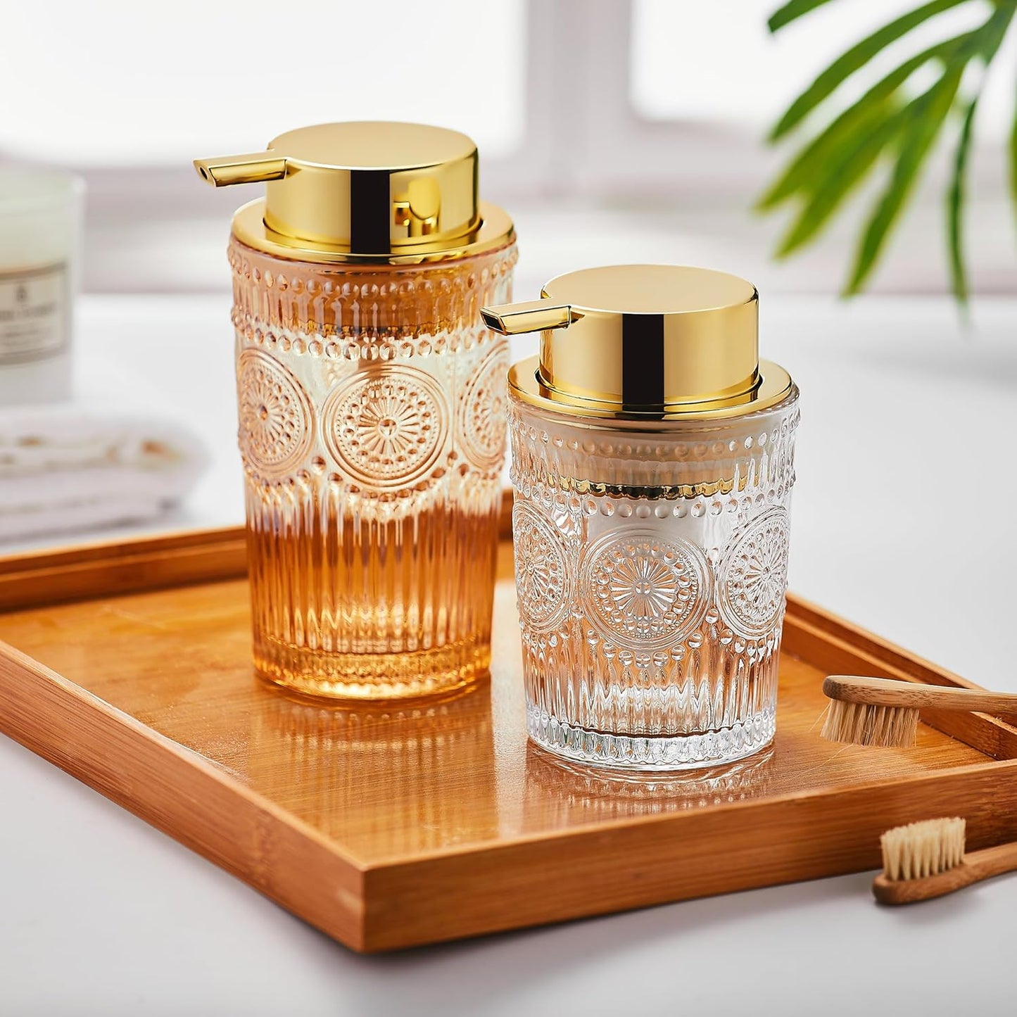 Foaming Hand Soap Dispenser, Glass Foam Toothbrush Holder, Refillable Liquid Lotion Dispenser (L-Gold-Lotion)