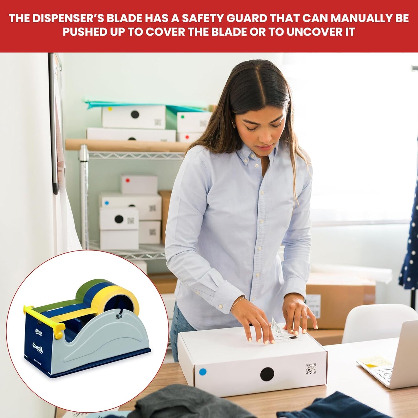 GGR Supplies ET-13370 Blue/Grey Premium Multi-Roll Steel Desk Top Tape Dispenser: 3 in. Wide (3 in. core). Manufactured by Excell