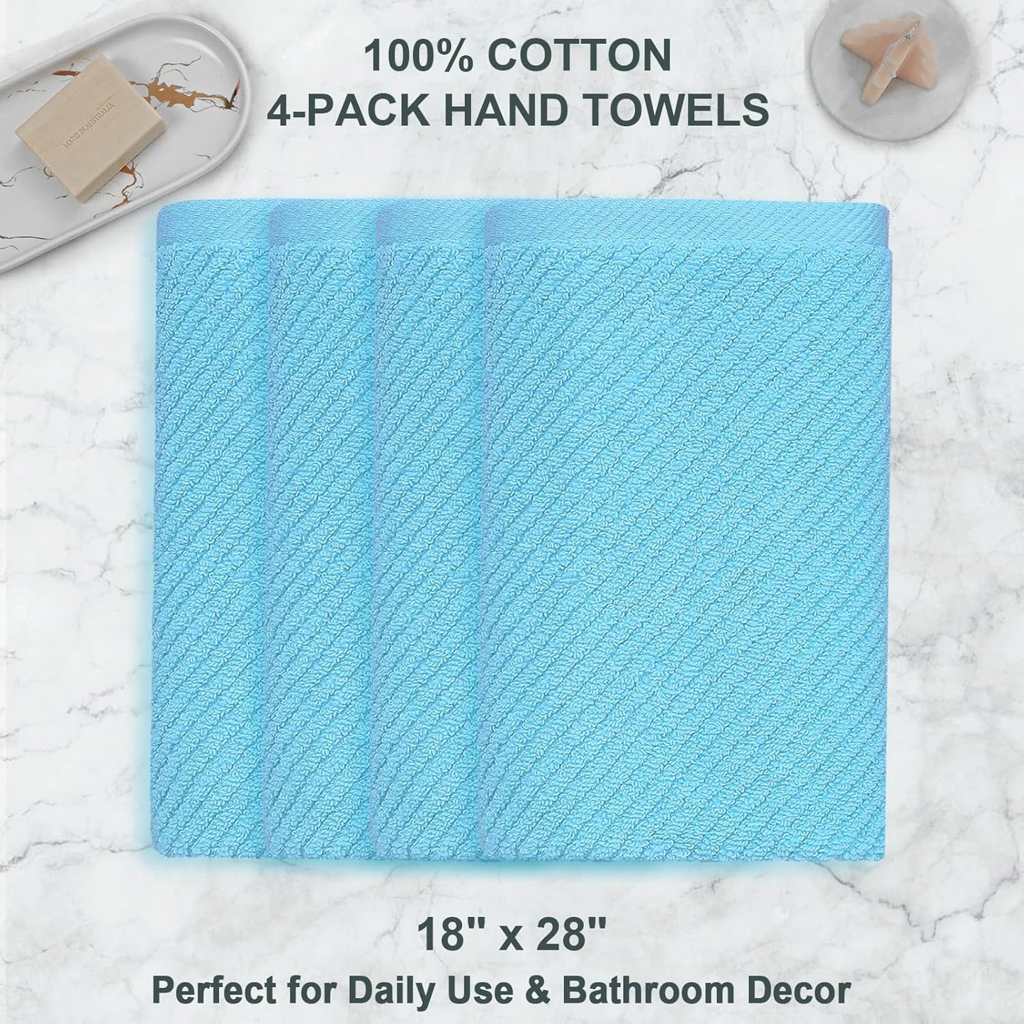 VOOVA & MOVAS Hand Towels for Bathroom Set of 4,Large 18"x 28" - 100% Cotton | Lightweight | Thick | Quick Dry | Soft | Absorbent, Bath Hand Towels, Bathroom Essentials, Blue