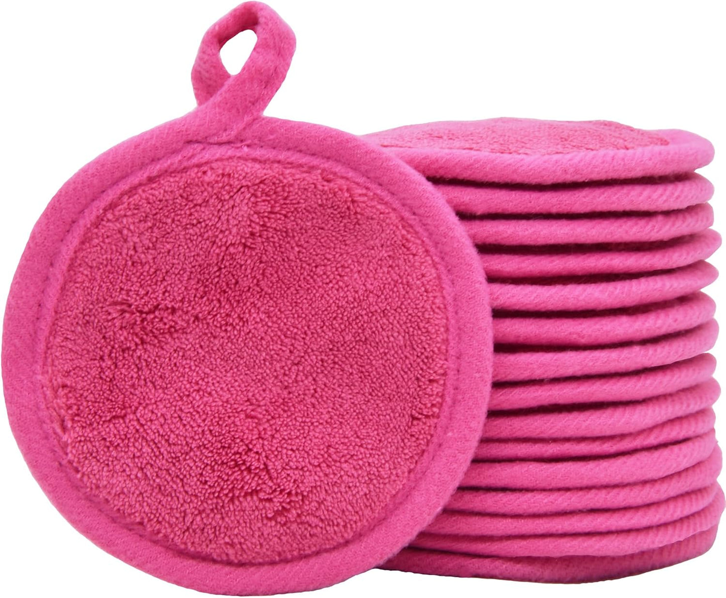 Reusable Makeup Remover Pads 16 Pack Microfiber Cleansing Facial Rounds Wipes Face, Eyes, Lips(3.5inch, dark pink)
