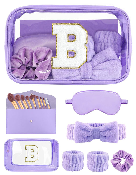 Gift Sets for Women, Initial Makeup Bag with Makeup Brush Set Bachelorette Party Favors, Purple Spa Kit with Skincare Headbands Wrist Bands Sleepover Party Supplies Gifts for Teen Girls Bridesmaid B