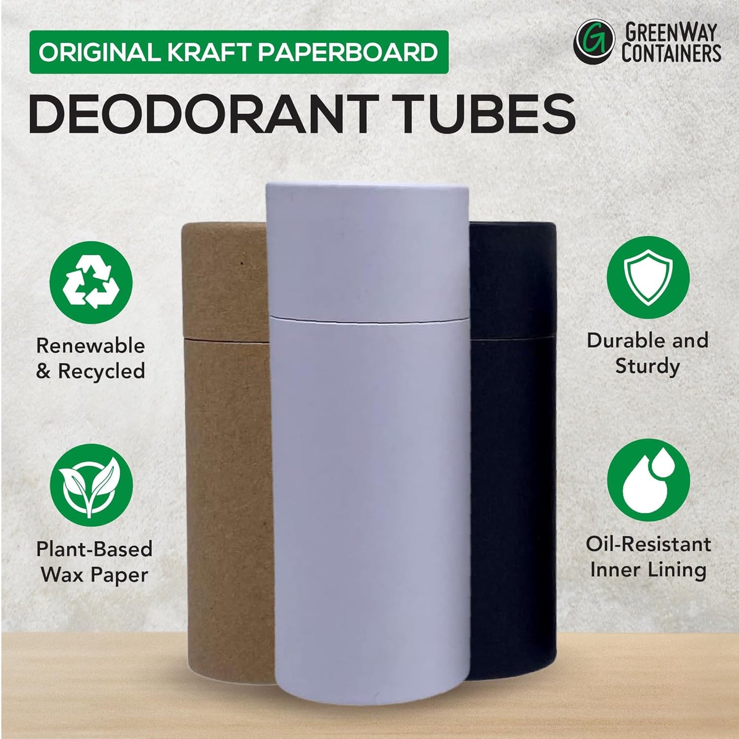 GreenWay 2.5oz / 70g Kraft Paperboard Deodorant Tubes With Lids - 12 Pack Solid Perfume Refillable DIY Cosmetic Containers - Lotion Empty Holder Tubes Kraft - White
