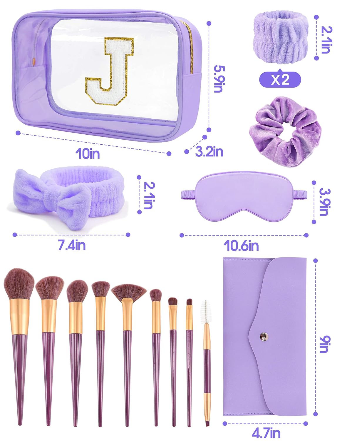 Gift Sets for Women, Initial Makeup Bag with Makeup Brush Set Bachelorette Party Favors, Purple Spa Kit with Skincare Headbands Wrist Bands Sleepover Party Supplies Gifts for Teen Girls Bridesmaid J