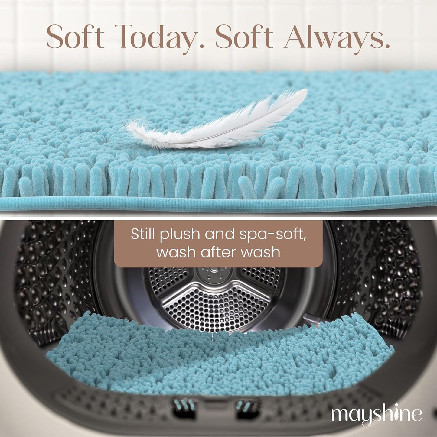 MAYSHINE Plush Shaggy Chenille Bath Mat | Extra Soft, Super Absorbent, Non-Slip Bathroom Rug | Fluffy Microfiber, Area Rug Sets for Bathroom Floor, Kitchen, Living Room | 71"x31" | Spa Blue