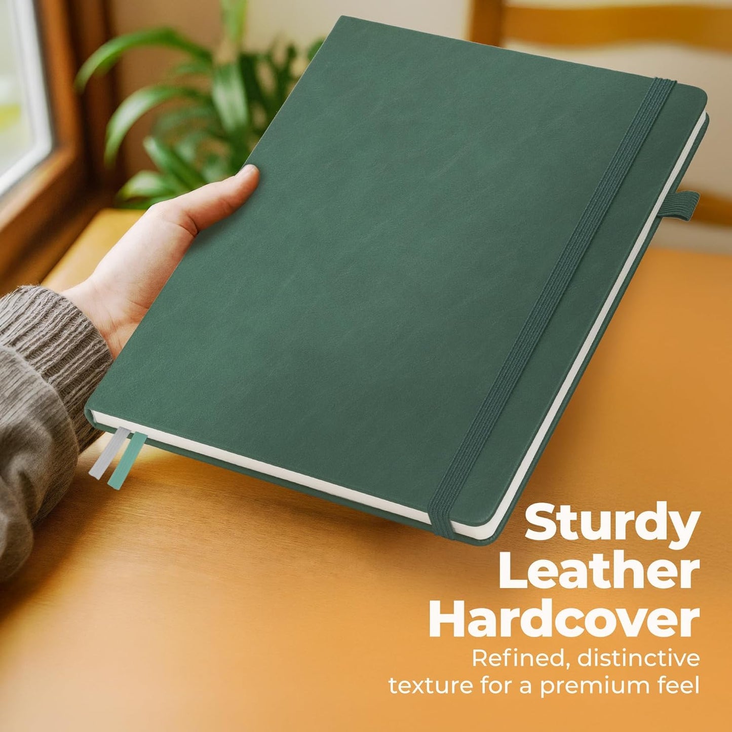 Classic Lined Journal Notebook 8.5x11" A4 Hardcover Leather - Green - 200 Pages College Ruled Large with Sticky Tabs, Pockets, and Pen Loop for Writing and Journaling - Big Hardback Men and Women