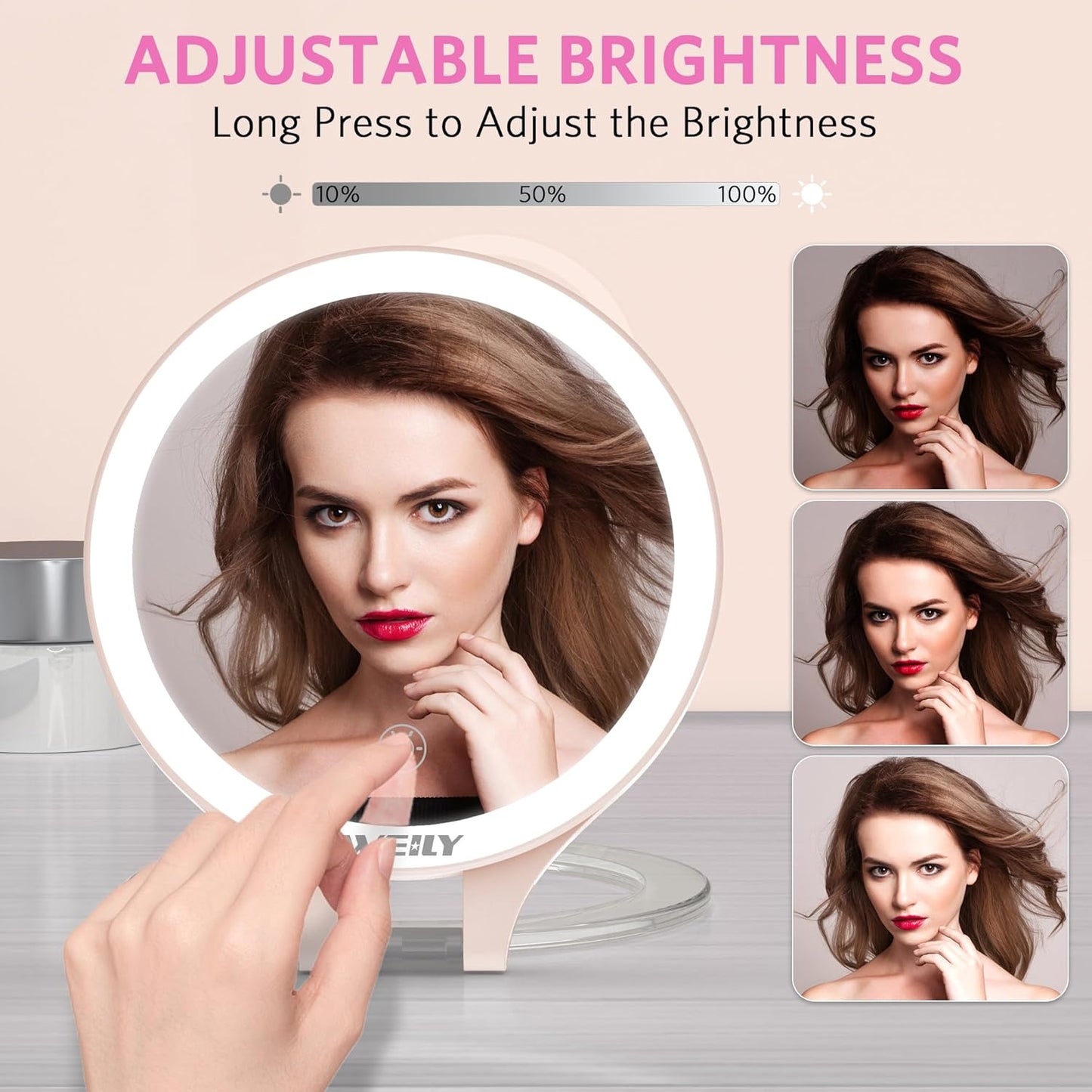 WEILY Magnifying Mirror with Light, 10X/1X Magnification Double-Sided Travel Makeup Mirror, with 3 Color Lights, Touch Control, Rechargeable Portable Mirrors for Bedroom, Bathroom (Pink)